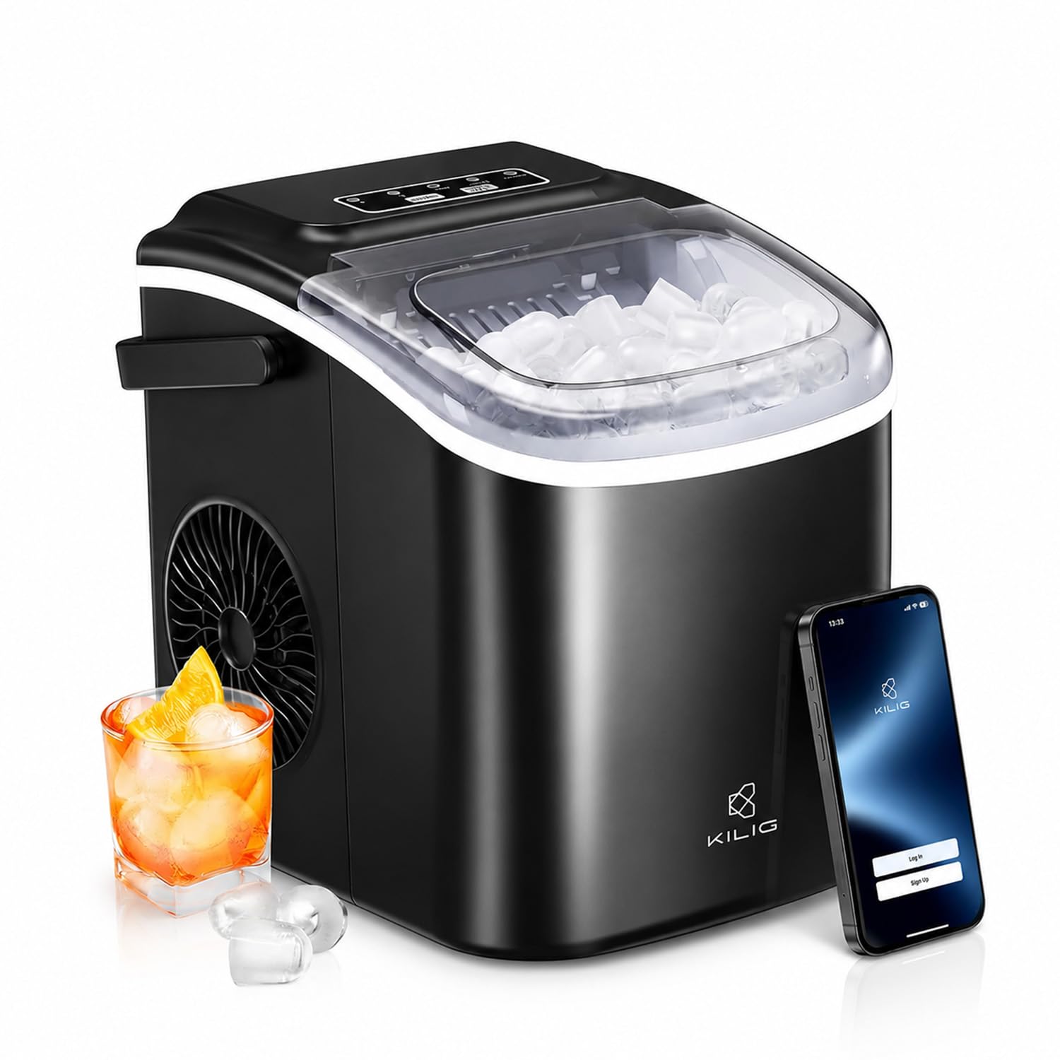 KILIG H01BS WiFi Ice Maker, 12kg/24Hr, 9 Cubes 6-10 Min, Self-Clean | Smart WiFi + MyKilig app; 2 ice sizes; 35-45 dB quiet; no plumbing; Just Plug & Play discount deal