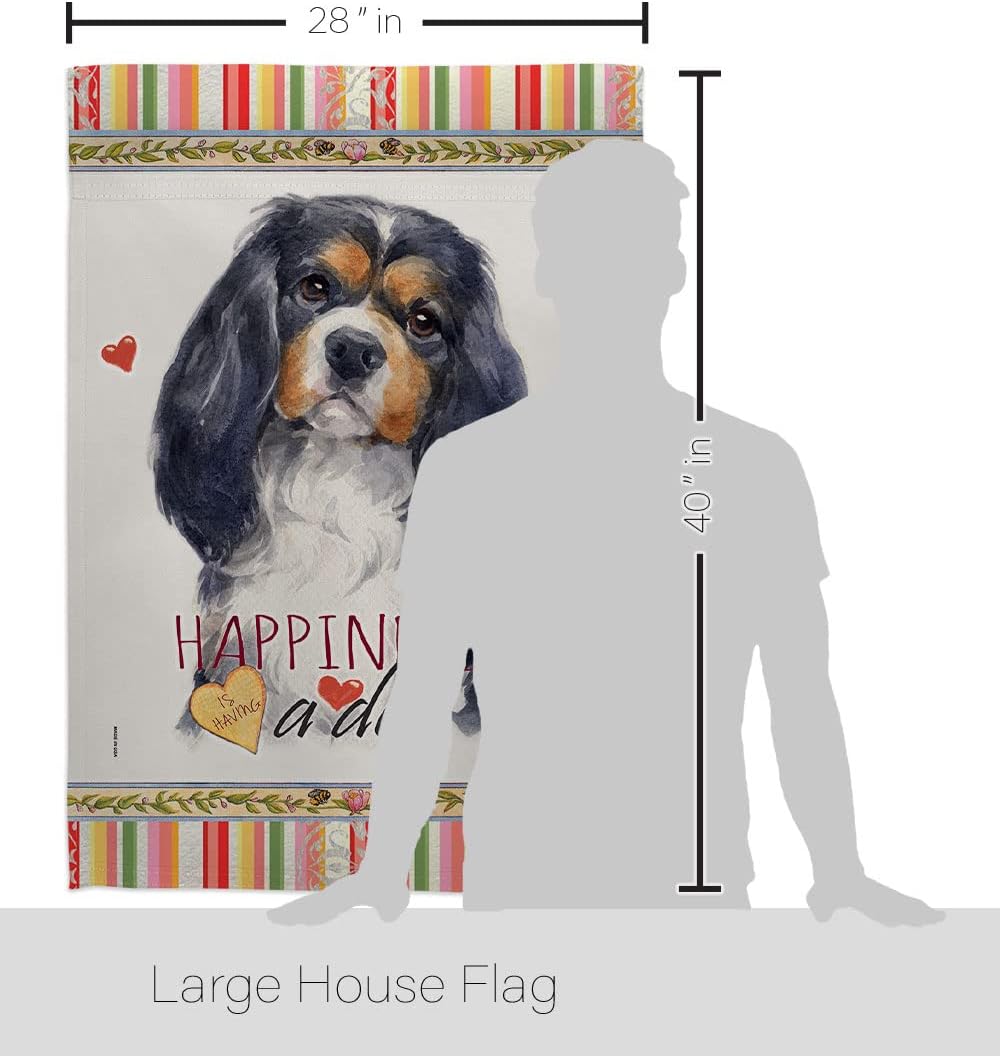 Breeze Decor Cavalier Spaniel Happiness House Flag Pack Dog Puppy Spoiled Paw Canine Fur Pet Nature Farm Animal Creature Vintage Applique Banner Small Garden Yard Gift Double-Sided, Made in USA
