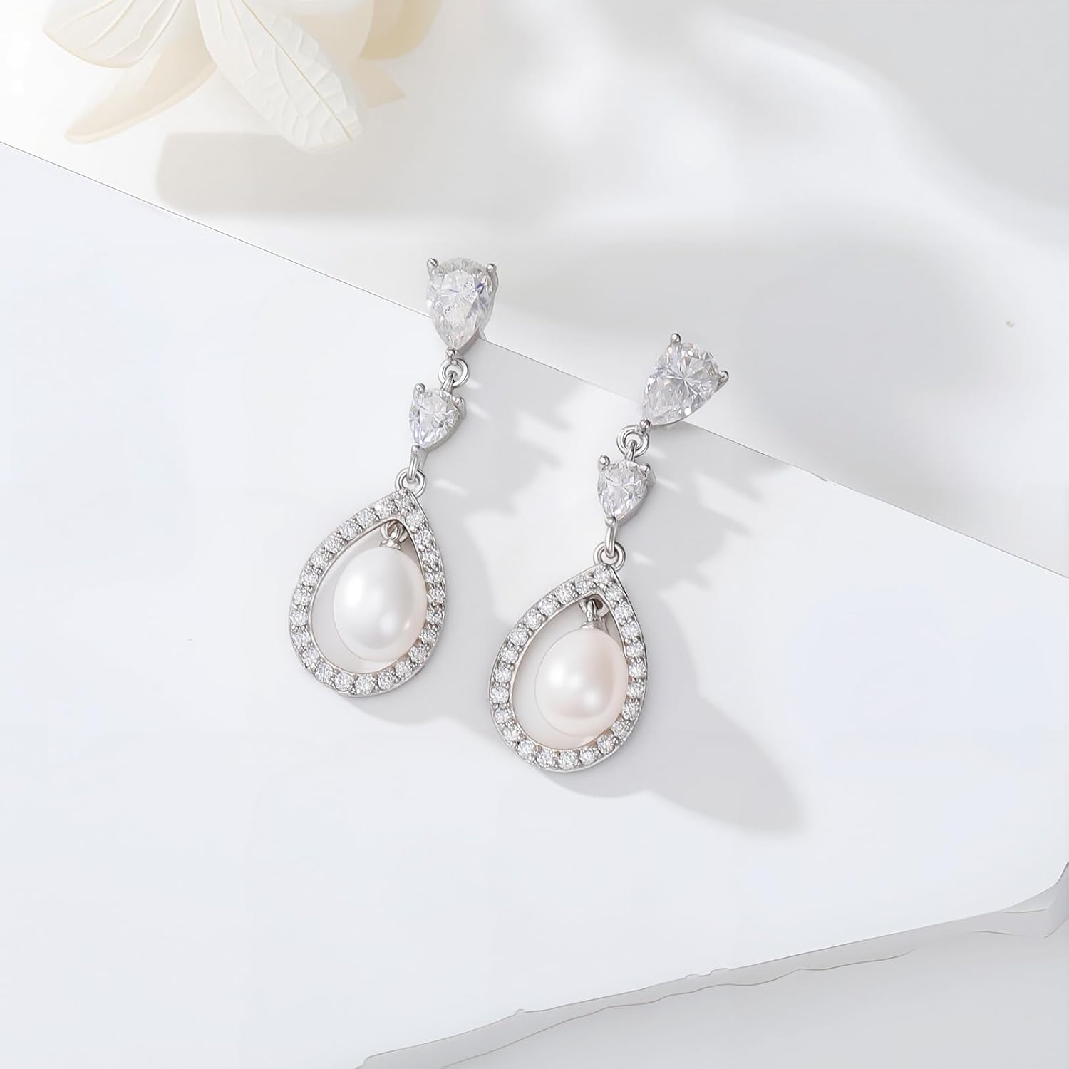 Drop Pearl Earring Emerald/Retro/Pattern 925 Sterling Silver with Mossanite Vintage 1920s Teardrop Chandelier Dangle Wedding Earrings For Women Bridal - Image 3