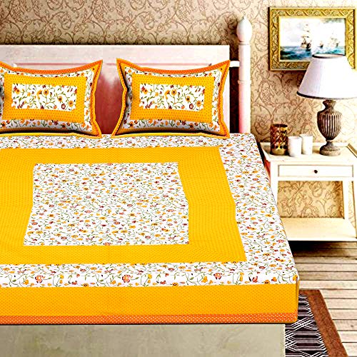Image of RajasthaniKart Pure 100% Cotton Double Bed Sheet with 2 Pillow Covers (Bedsheet for Double Bed Cotton, Yellow Bindiya Jaipuri, King Size,5217)