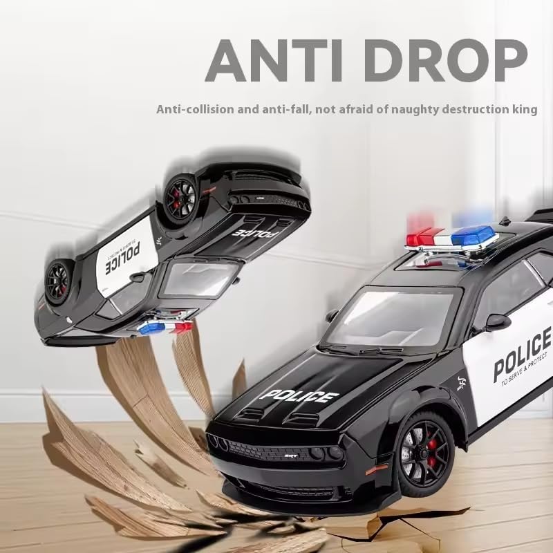 Image of Scale 1:24 Dodge Challenger SRT Police - Black Alloy Diecast Pullback Metal Car Toy with Sound Light & Opening Doors - Best Gift Toy for Kids