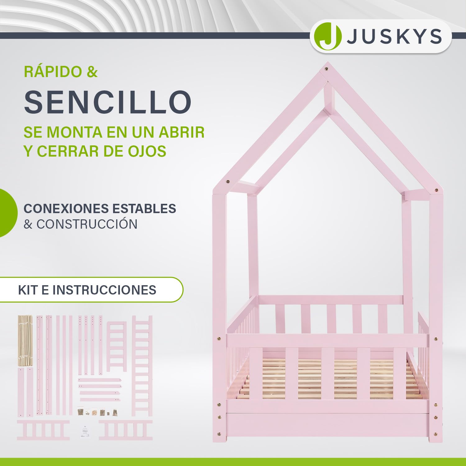 Juskys Cama Infantil Marli 80 x 160 cm con protección anticaída, somier y Techo - Cama casa de Madera Maciza para niños - Cama en Color Rosado