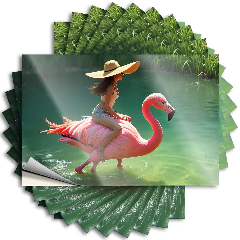Sticker Winter Indie Decor Waterproof - Woman Riding Flamingo in Serene Pond. Tumbler Self Adhesive Decal for Humor Use(12X18CM)