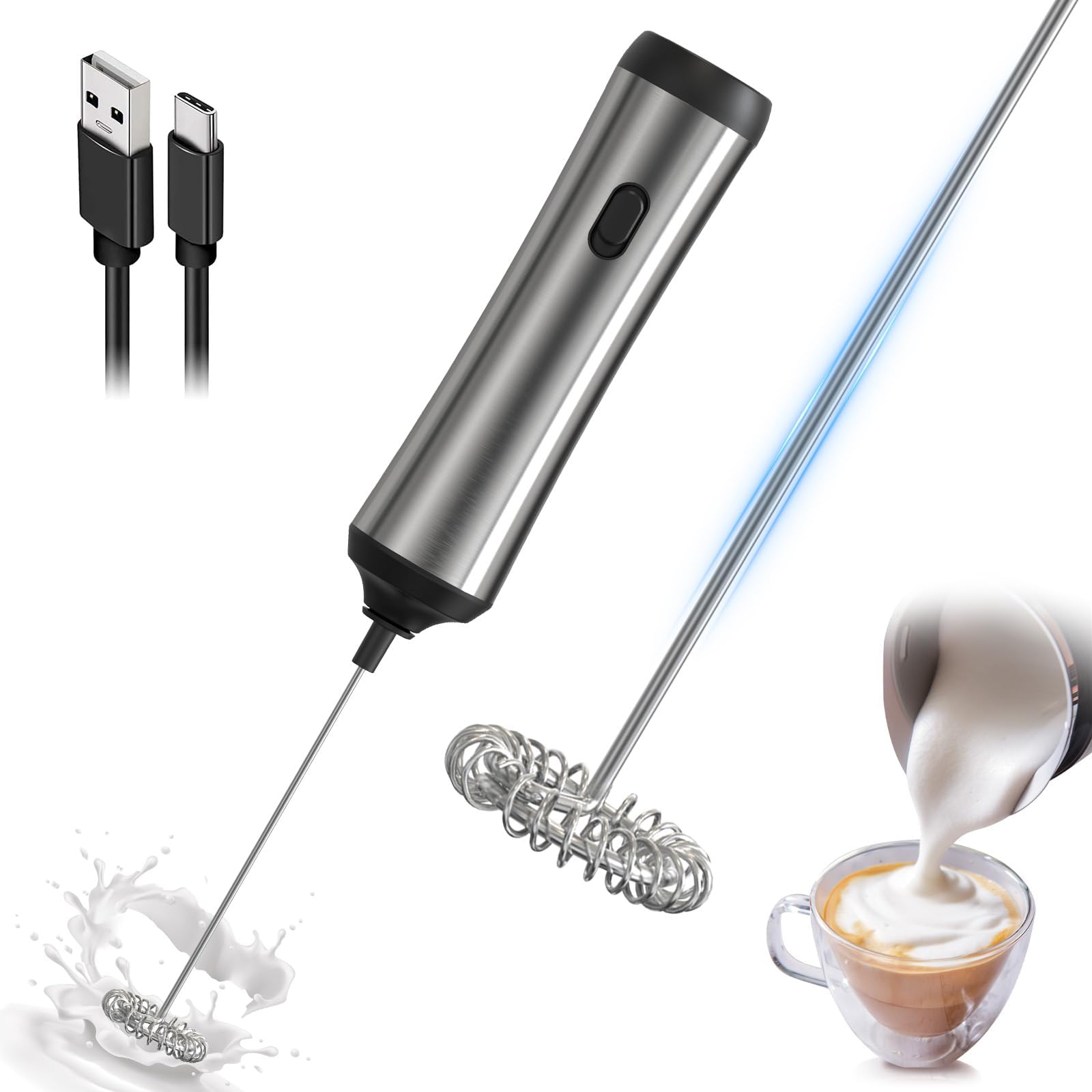Jutyum Milk Frother Handheld, Milk Frother Electric Rechargeable USB