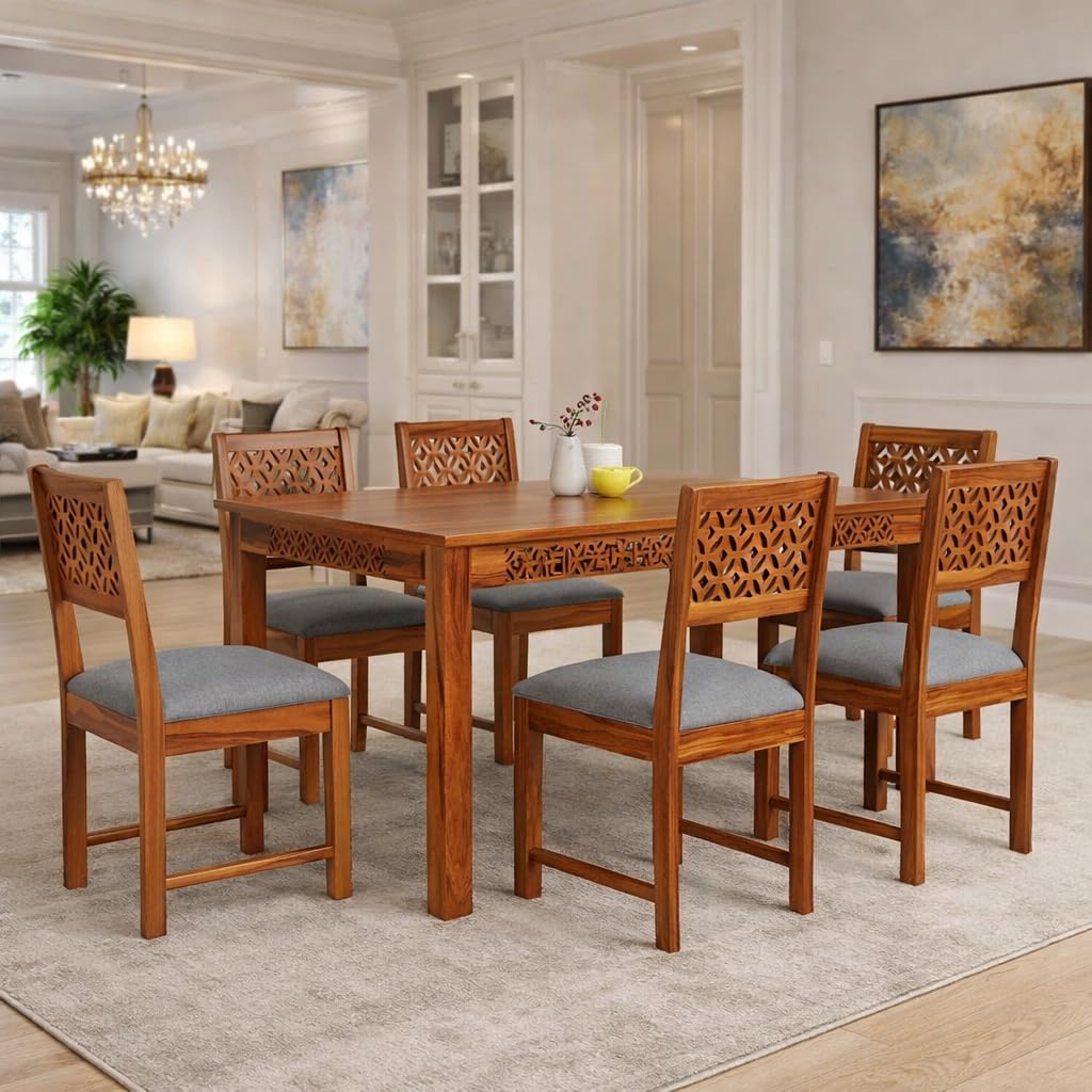 KENDALWOOD CNC Cutting | Solid Wood 6 Seater Dining Set | Wooden Dining Table with 6 Chairs | Colour - Honey Finish with Grey Cushions -DIY(Do-It-Yourself) | 1 Year Warranty-image-10