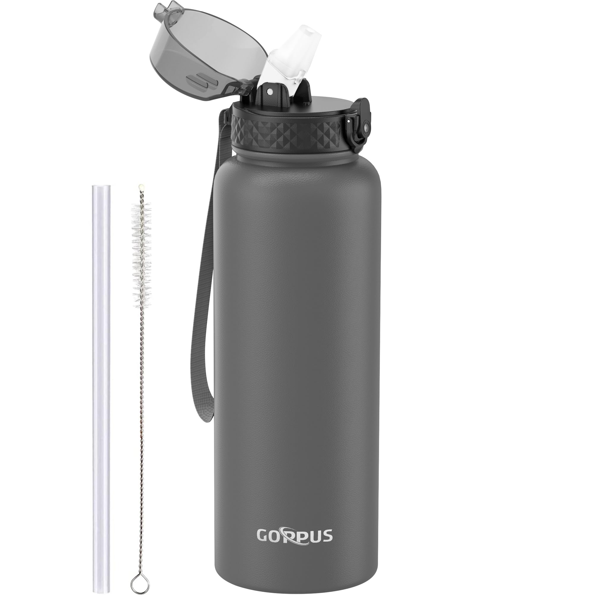 GOPPUS 1.2L/40oz Stainless Water Bottle with Straw Double Wall Insulated Bottles with Strap Large Vacuum Thermal Flask Leakproof Keep Cold Drinks Bottles with Flip Top Lid for Men Women BPA Free