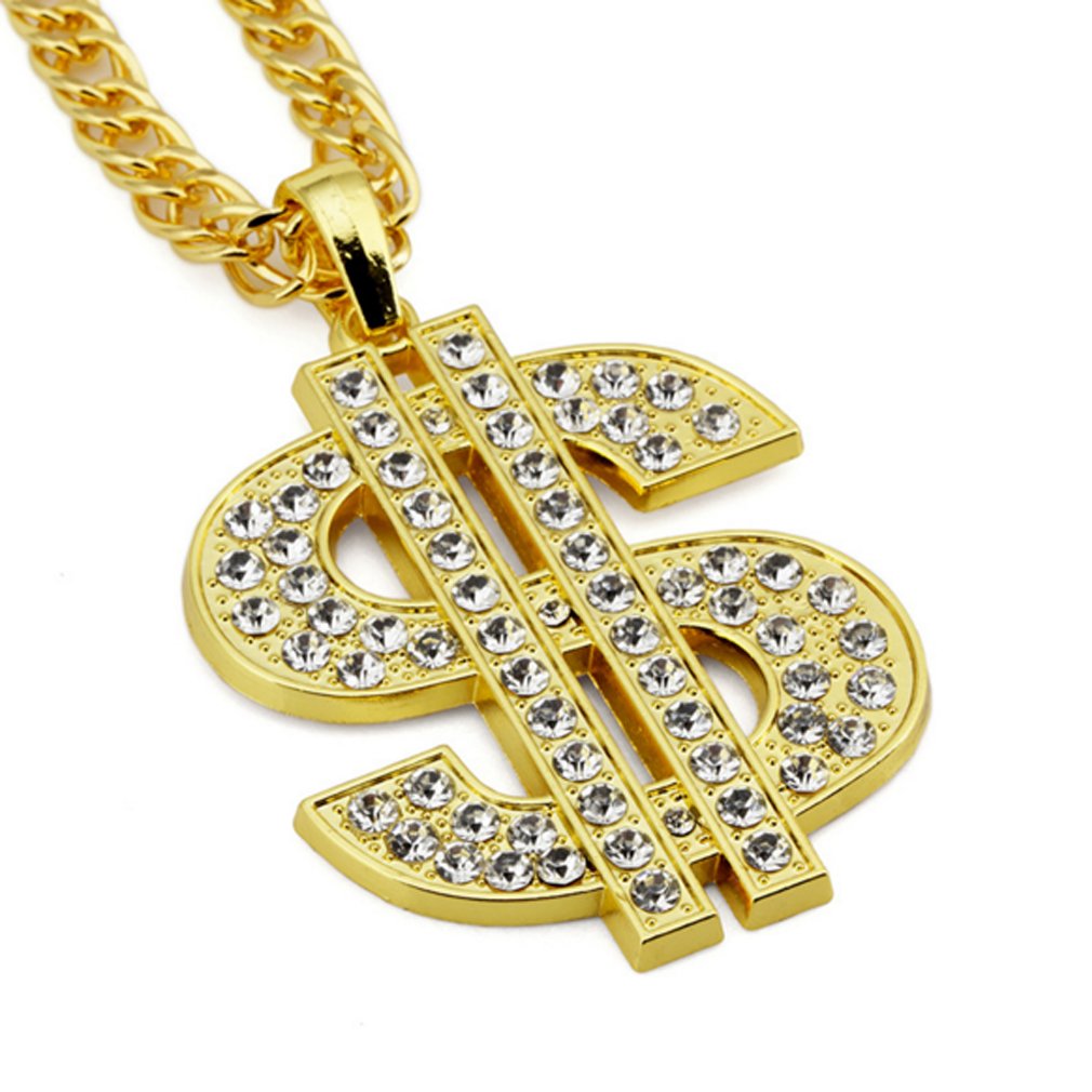 LOMOL Mens Cool Rock HIP HOP Dollars Shape Golden Alloy Crystal Pendant Necklace Costume Jewelry Christmas Present