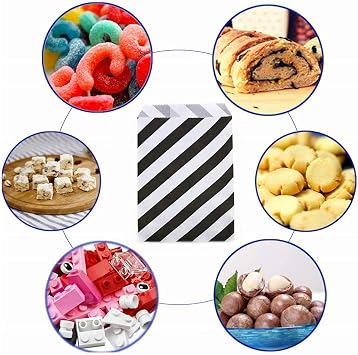 Beetoo 50pcs White and Black Striped Paper Bags, 5 x 7 Inches Food Safe Party Favor Treat Bag for Sweets Candy Biscuits Chocolates Birthday Wedding Xmas Gifts