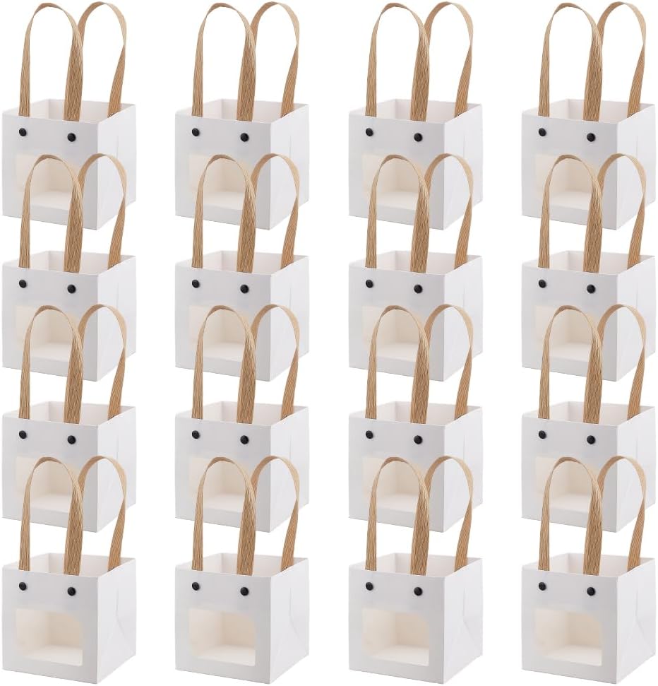 BENECREAT 16Pack Transparent Window White Kraft Paper Bags, 7.9x4x4inch Smile Gift Bag with Handles for Birthday, Wedding, Party, Anniversary