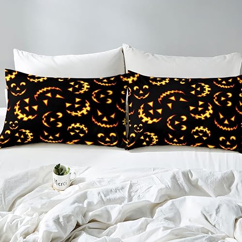 Miniatura 5 de Juego de sábanas de Halloween tamaño King, juego de sábanas de calabaza con cara de fantasma, color dorado y negro, ropa de cama de Halloween para