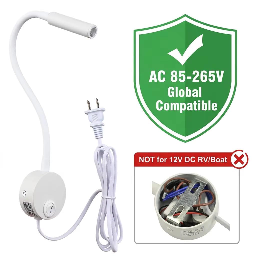 2 Pack Wandlampe Leselicht Stecker Kabel Einfache Installation für Bett AC85-265V Verfügbar (Weiß, 2pcs Warmweiß 3000K)