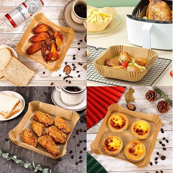 Image of 100 PCS Air Fryer Paper Sheets, Disposable Paper Liner for Microwave, Oil-Proof Air Fryer Parchment Paper for Frying, Baking, Cooking, Roasting and Microwave (Sqaure, 8 inch)