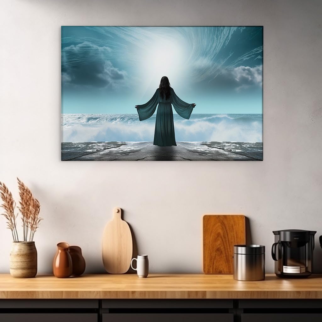 Canvas for Living room. Embracing the Fury of the Sea � A Solitary Woman Against the Roaring Waves, 27 x 18 inch Canvas Wall Art - Modern Home Decor - 69x46 cm (27x18 inch)