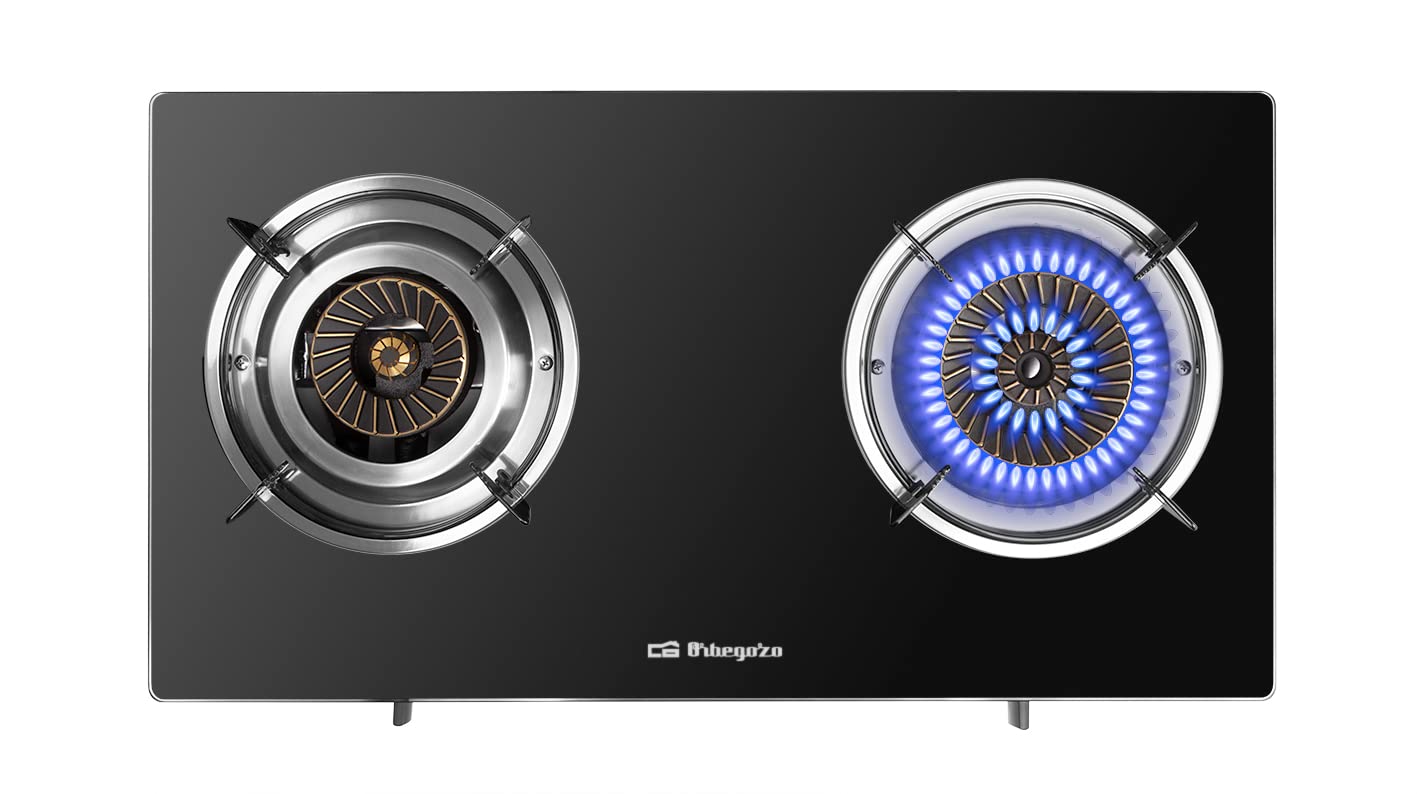 Orbegozo FO 2720, Hornillo de gas, 2 quemadores de triple corona, sistema seguridad FFD, apto para gas butano y propano, superficie cristal negro, cuerpo acero inox