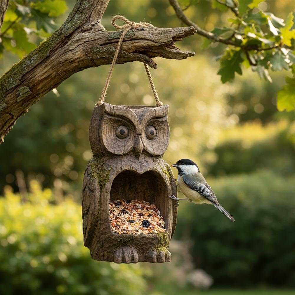Vintage Owl-Shape Bird Feeder,Waterproof Tree-Mounted Bird Feeder,Funny Hanging BirdFeeder w/Wood Grain Texture,Outdoor Tree Face BirdFeeder Sculpture,Owl Garden Yard Art Decor for Backyard Wildlife