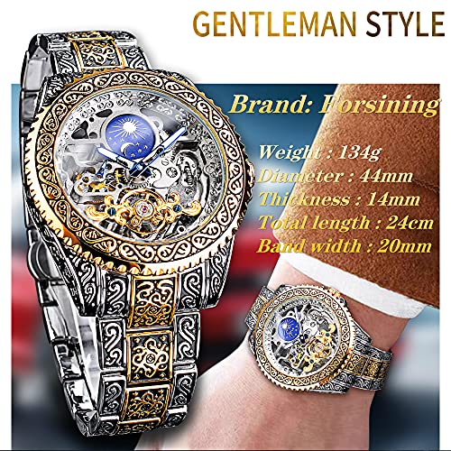 Forsining 60301 Retro Watch For Men Carved Self-Wind Mechanical Tattoo Tourbillon Moon Phase Independent Seconds Skeleton Automatic Big Dial Wrist Watches,Gold thumb #6
