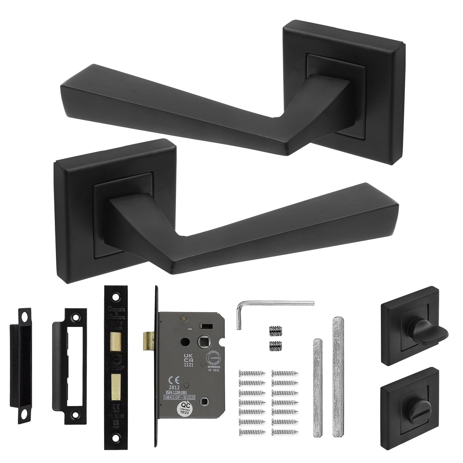 Decoranddecor Black Helix Square Door Handles – Aluminium Matt Internal Handle Sets With Bathroom Lock And Turn Release – Modern Design For Interior Doors