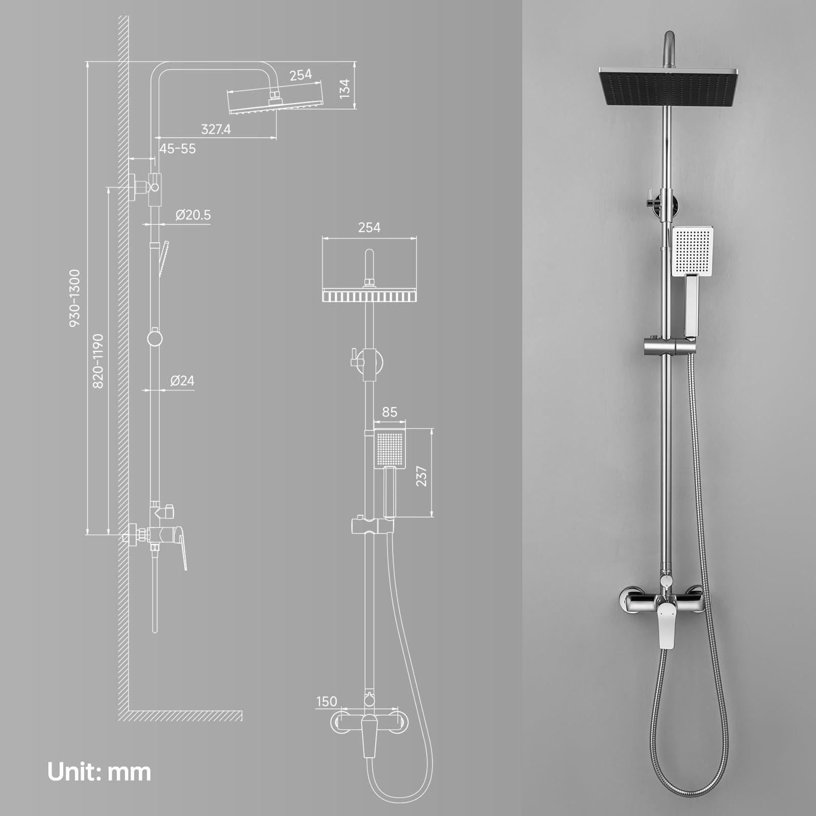 Auralum Colonna Doccia con Miscelatore Soffione e Doccetta Saliscendi Acciaio Inox Altezza Regolabile 90-130cm Cromo Quadrato 25cm