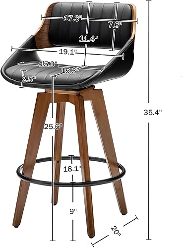 Miniatura 2 de LUNLING Taburetes de bar giratorios, modernos de mediados de siglo, tapizados de piel sintética negra, taburetes de bar de altura de encimera,