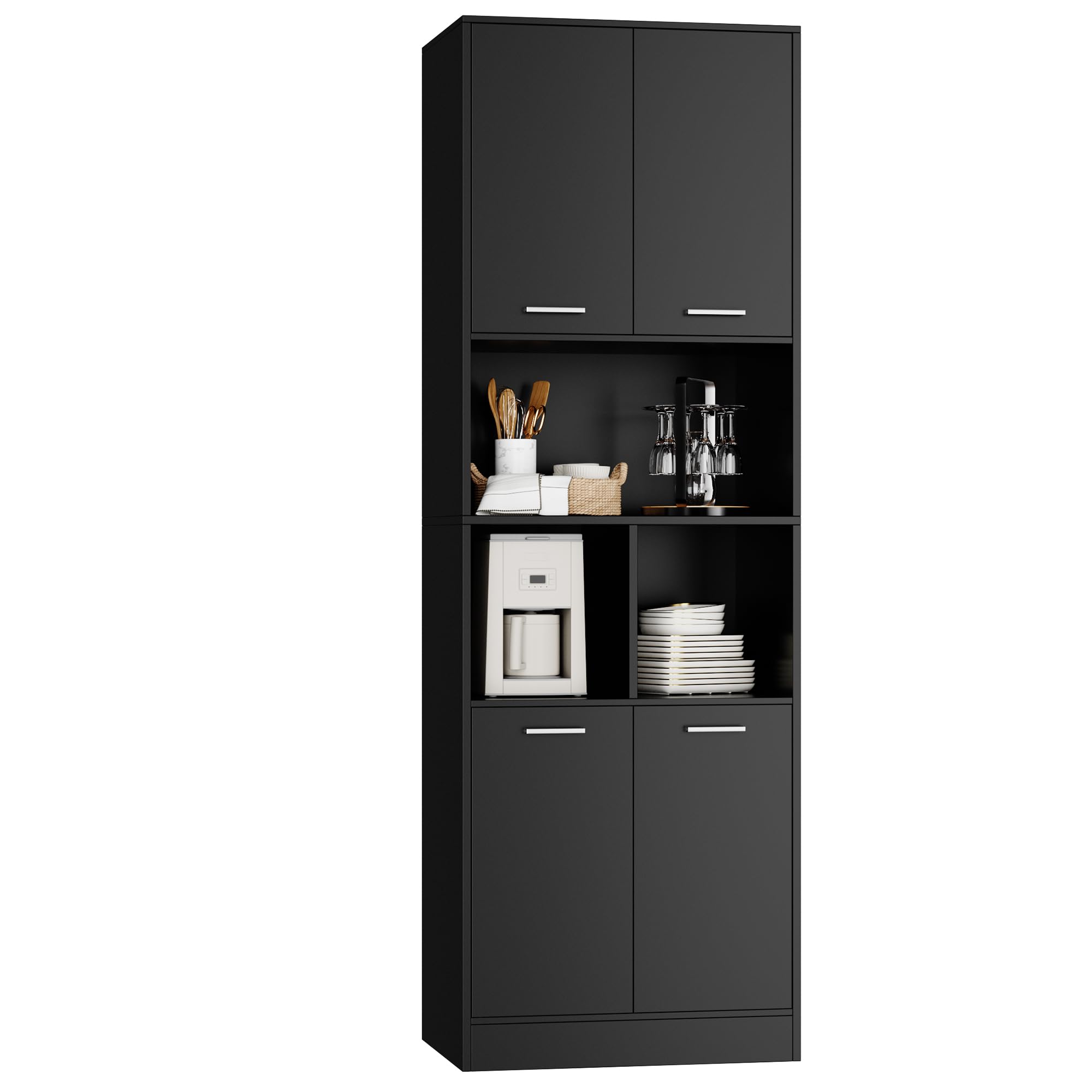 FirFurd 180.5cm Tall Bookcase Black Bookshelf with 4 Doors Living Room Bookcases Free Standing Storage Cupboard for Home Office 180.5x60x40cm