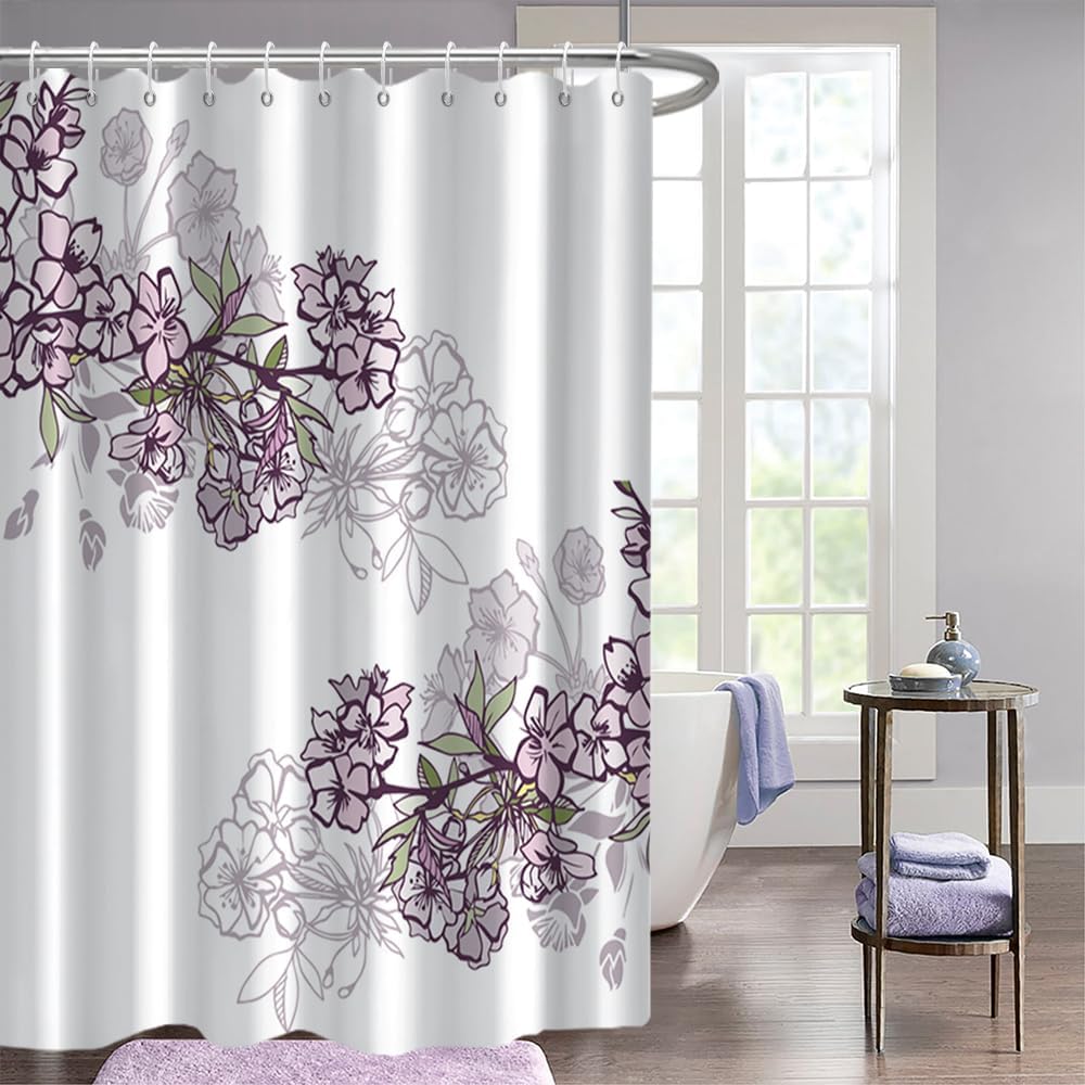 Floral Shower Curtain, Aesthetic Purple Flower Shower Curtain Set for Bathroom Waterproof Fabric Spring Bathroom Curtain with Hooks, 72x84 Inch