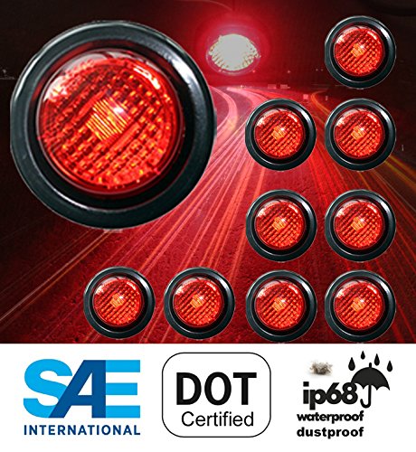 LED 2" Round Clearance/Side Marker Light Kits Red with Light and Grommet Truck Trailer RV Pack of 10