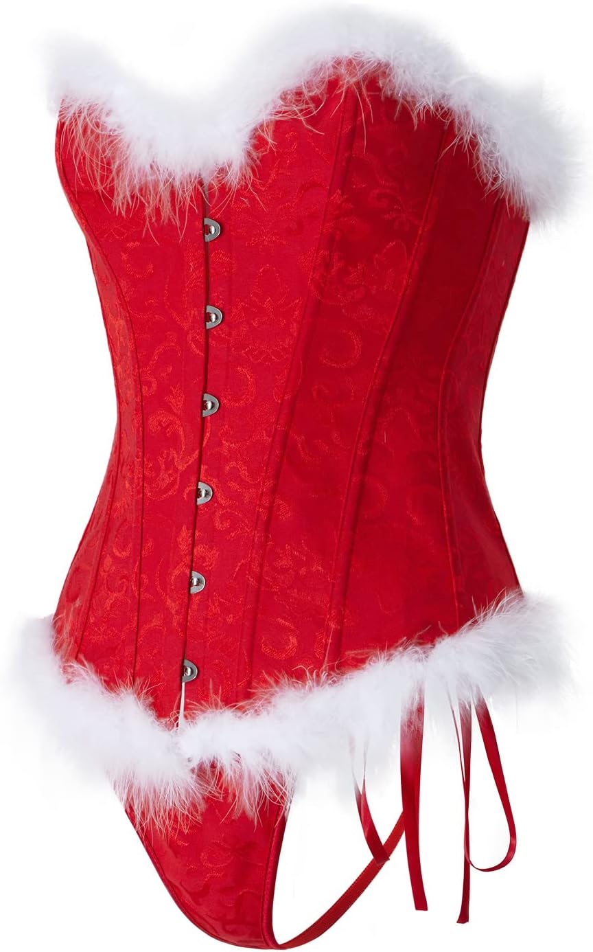 Springcmy Women Plus Size Christmas Santa Claus Corset Tops Boned Overbust Bustier Shapewear Lace Up Fur Trim Push Up Costume