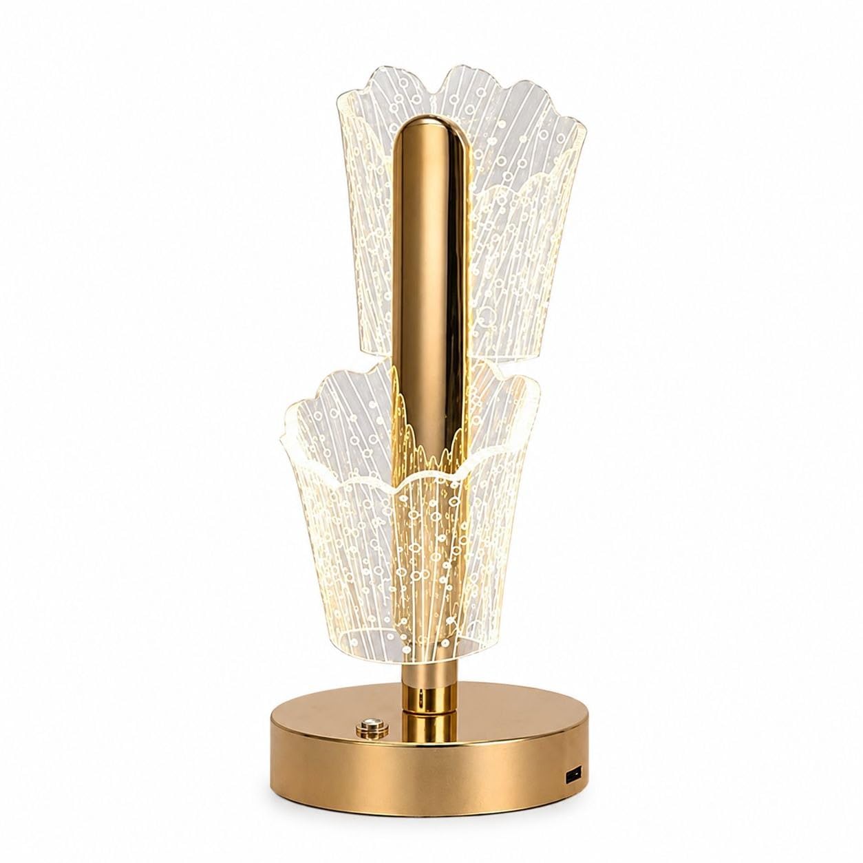 Modern 3D Acrylic LED Table Lamp with Gold Base | Decorative Metal Iron Cordless Touch Control Night Light | Elegant Bedside Lamp for Bedroom (Pack of 1) (Grid Funnel)-image-32