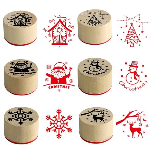 Merry Christmas Wooden Stamp Set, 6 Pcs Rubber Stamps