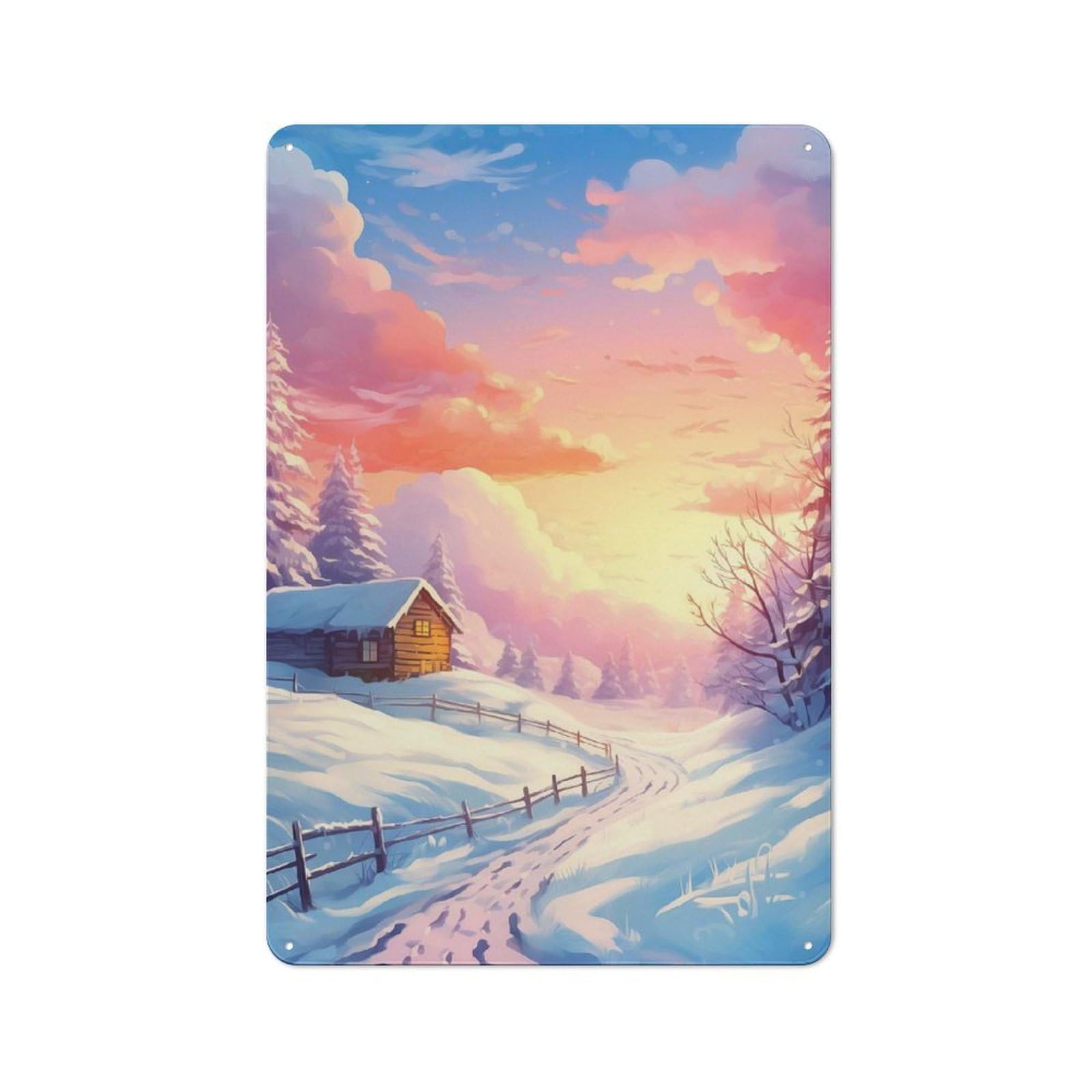 Junmoney Winter Cabin Sunrise Retro Tin Wall Plaque 30X20cm For Dining Room Or Kitchen, For Home Decor Collectors