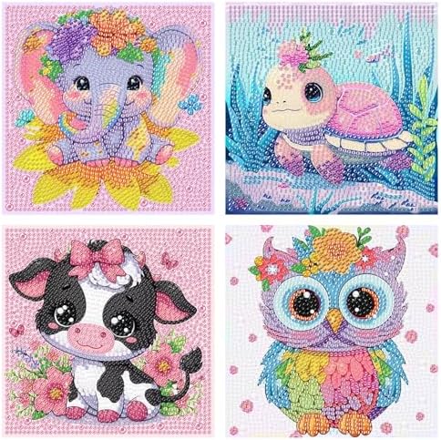 AOSGEDY 4 Pieces Cartoon Diamond Art Kits for Kids, Cute Animals DIY Diamond Art Painting for Adults Beginner, Kids’ Mosaic Kits 5D Full Round Drill Gem Art for Home Wall Decor Kids Gift 6X6 inch