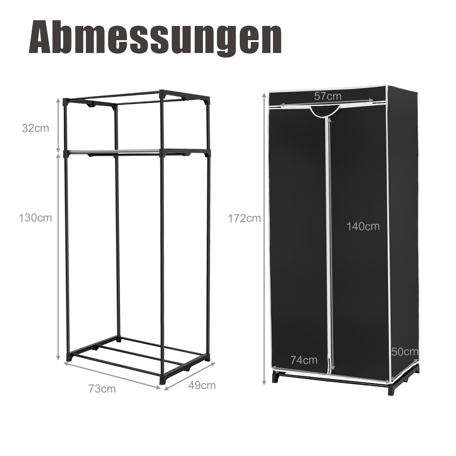 SOARS Kleiderschrank, Stoffschrank mit Kleiderstange stabil & Ablage, Kleiderschrank Stoff mit Metallgestell, Faltschrank 74 x 50 x 172 cm, für Schlafzimmer, Ankleidezimmer (Schwarz)