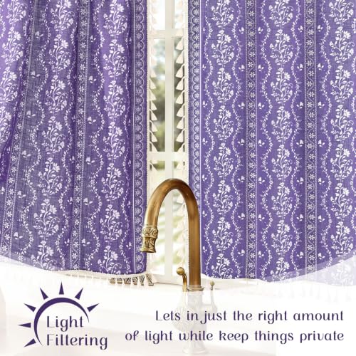 Image of Yinhua Boho Kitchen Curtains 36 Inch Length Vintage Linen Cafe Curtains Light Filtering Bohemian Floral Tier Rod Pocket Farmhouse Rustic Tassel Small Drapes with Tiebacks, 2 Panels, Purple