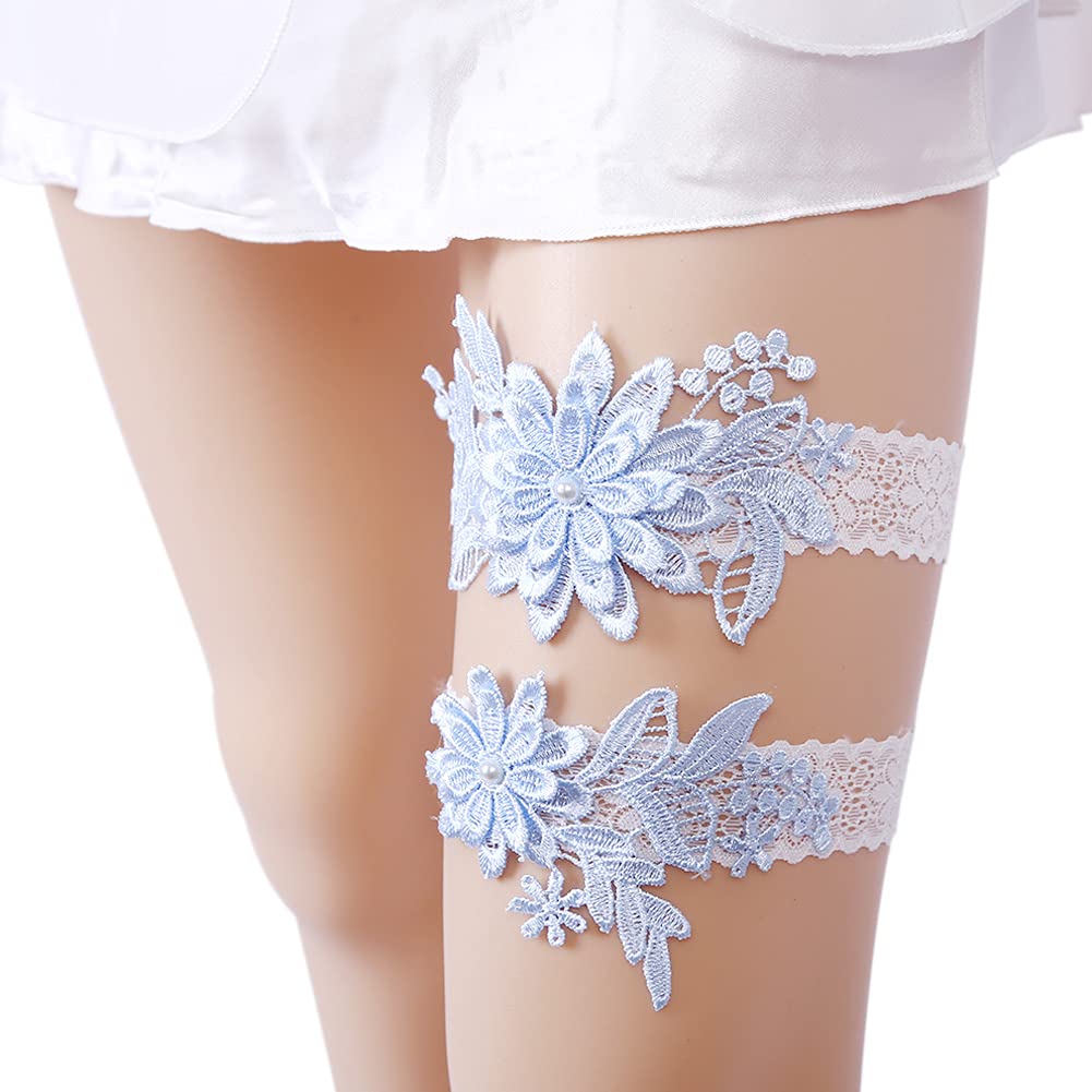 Adove Women's Light Blue Wedding Garters For Bride Stretch Lace Bridal Garter Sets White Flower Floral Leg Wedding Garter