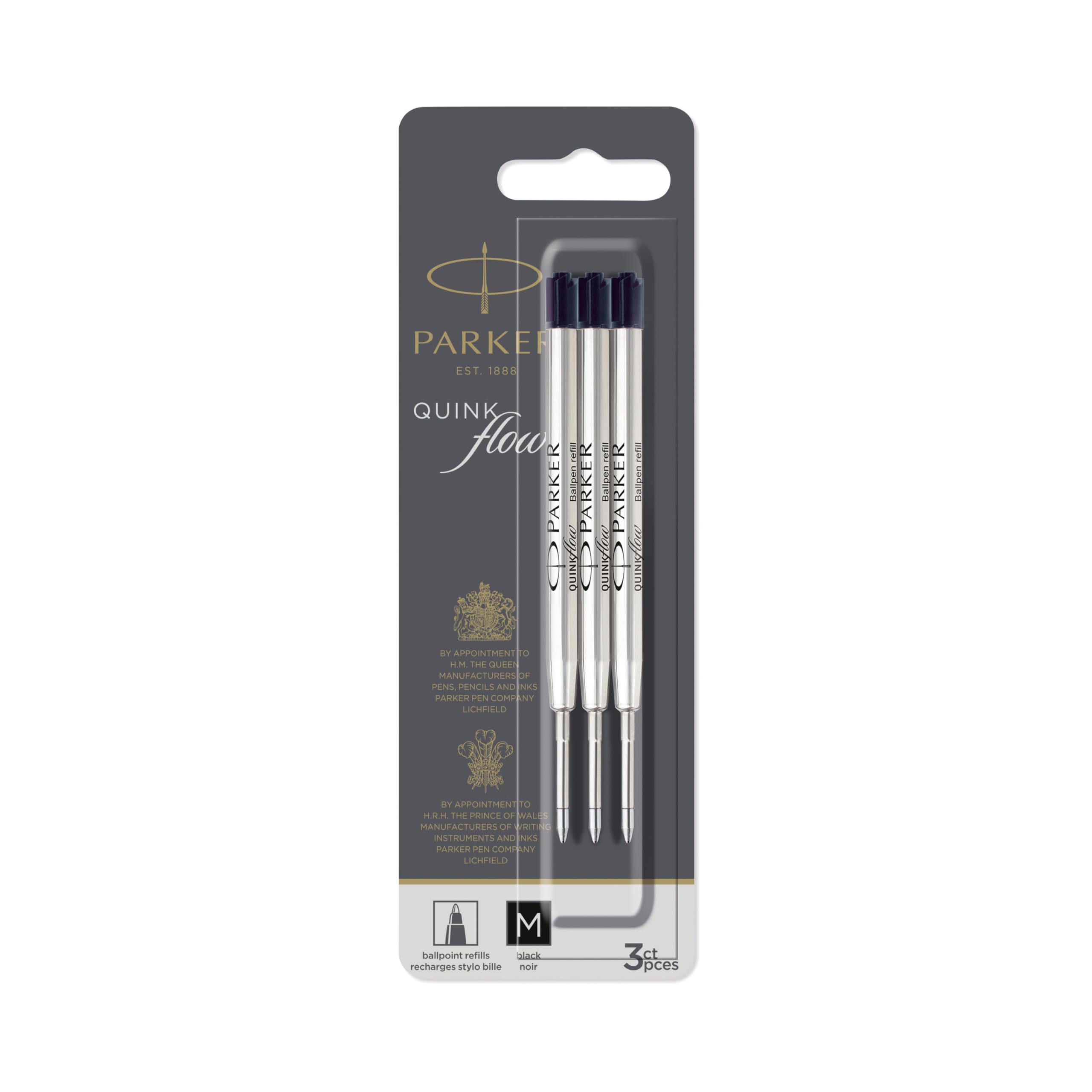 Parker QUINKflow Ballpoint Pen Ink Refills Medium Tip Black 3 Count