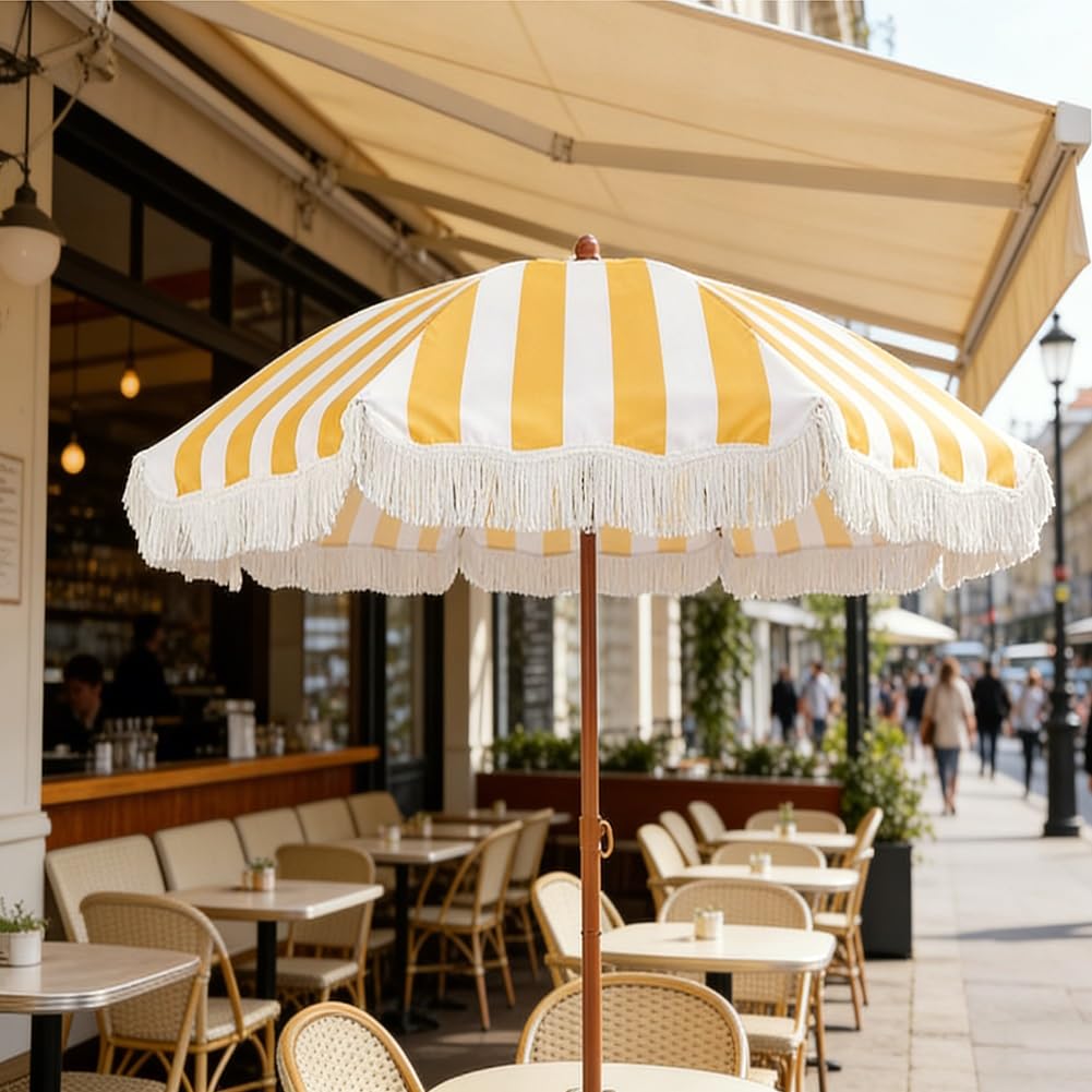 6,5ft Boho White-Ylow Striped Parasol z frynką, UPF 50 + Składany parasol tarasowy na ogród wakacyjny na świeżym powietrzu