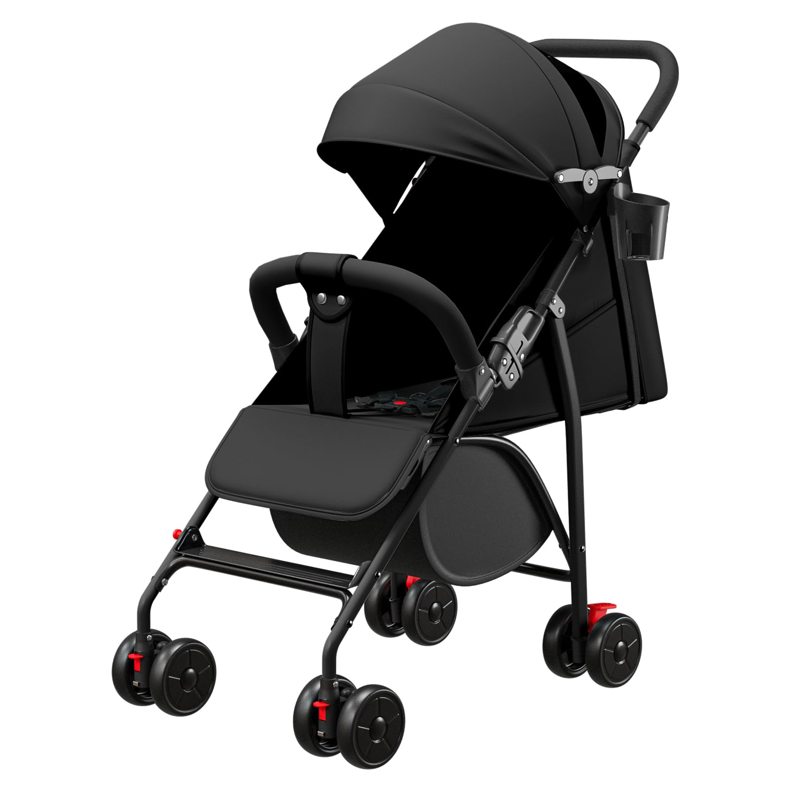 Passeggino canna compatto, 0-4 anni (30kg max), leggero (4,8 kg), passeggino canna bebe comfort,pieghevole compatto e inclinabile, con cotone, porta bicchiere, parasole (nero)