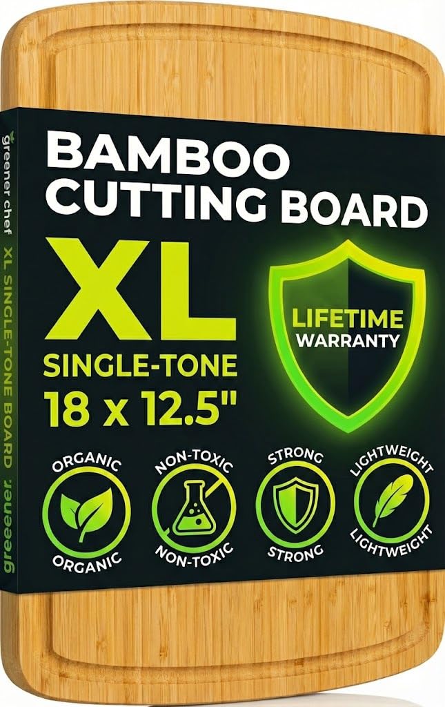 GREENER CHEF 18 Inch Extra Large Bamboo Cutting Board with Lifetime Replacements - Organic Wooden Butcher Block, XL Chopping Board for Kitchen, Meat, Vegetables, and Food Prep