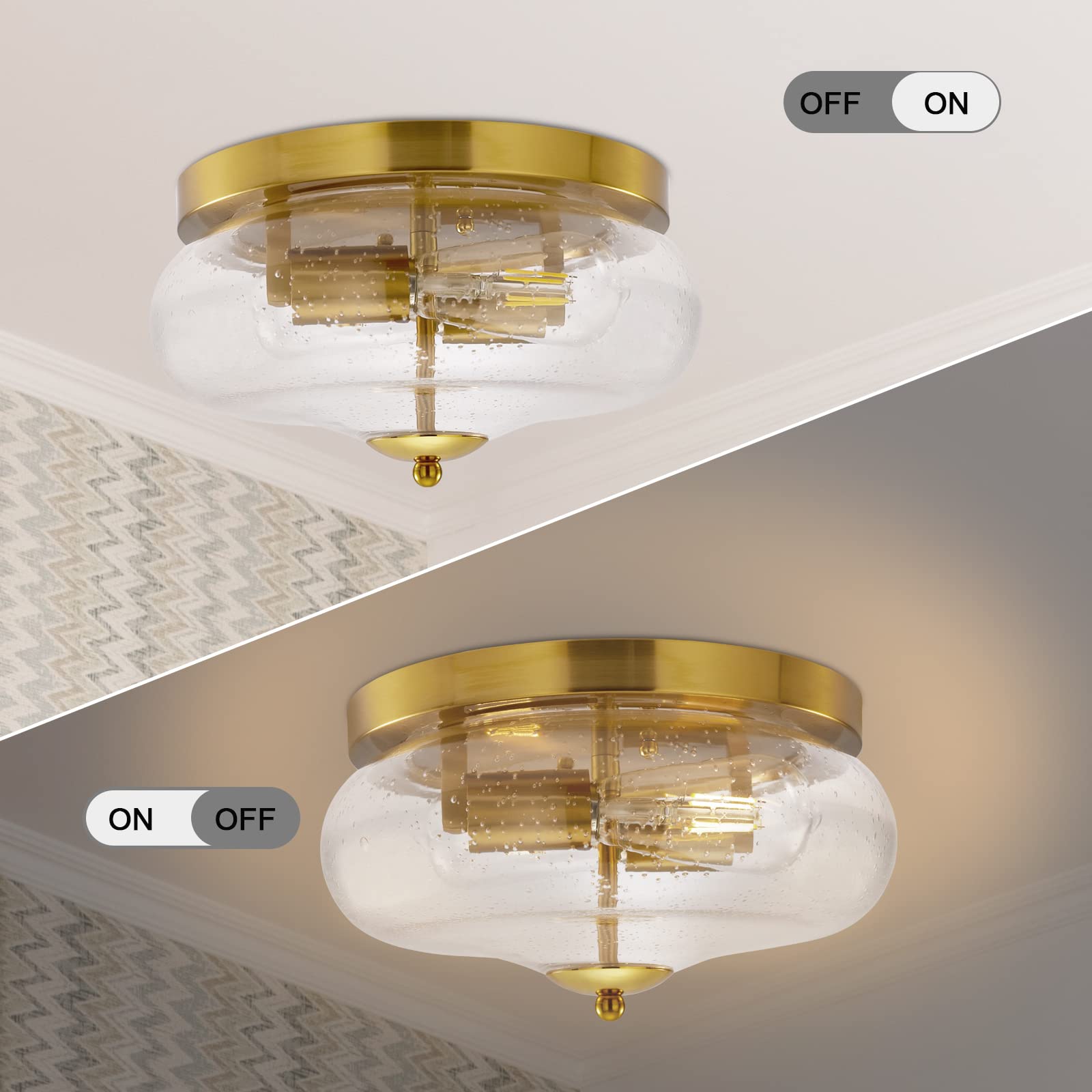 Darkaway Farmhouse Ceiling Light Fixtures Flush Mount Ceiling Light, Indoor Outdoor Ceiling Light with Seeded Glass Shade for Hallway, Kitchen, Bedroom, Porch, Gold