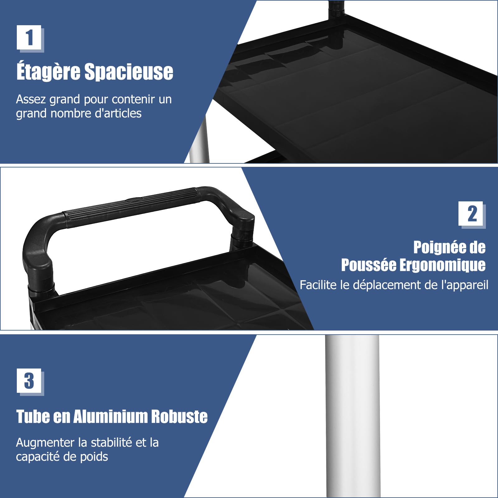 COSTWAY Chariot à roulettes 3 Étagères 150 kg, Chariot de Service Multifonctionnel avec Poignées adaptées, 4 Roues Flexibles (2 Verrouillable), 103 x 49 x 98 cm, Noir