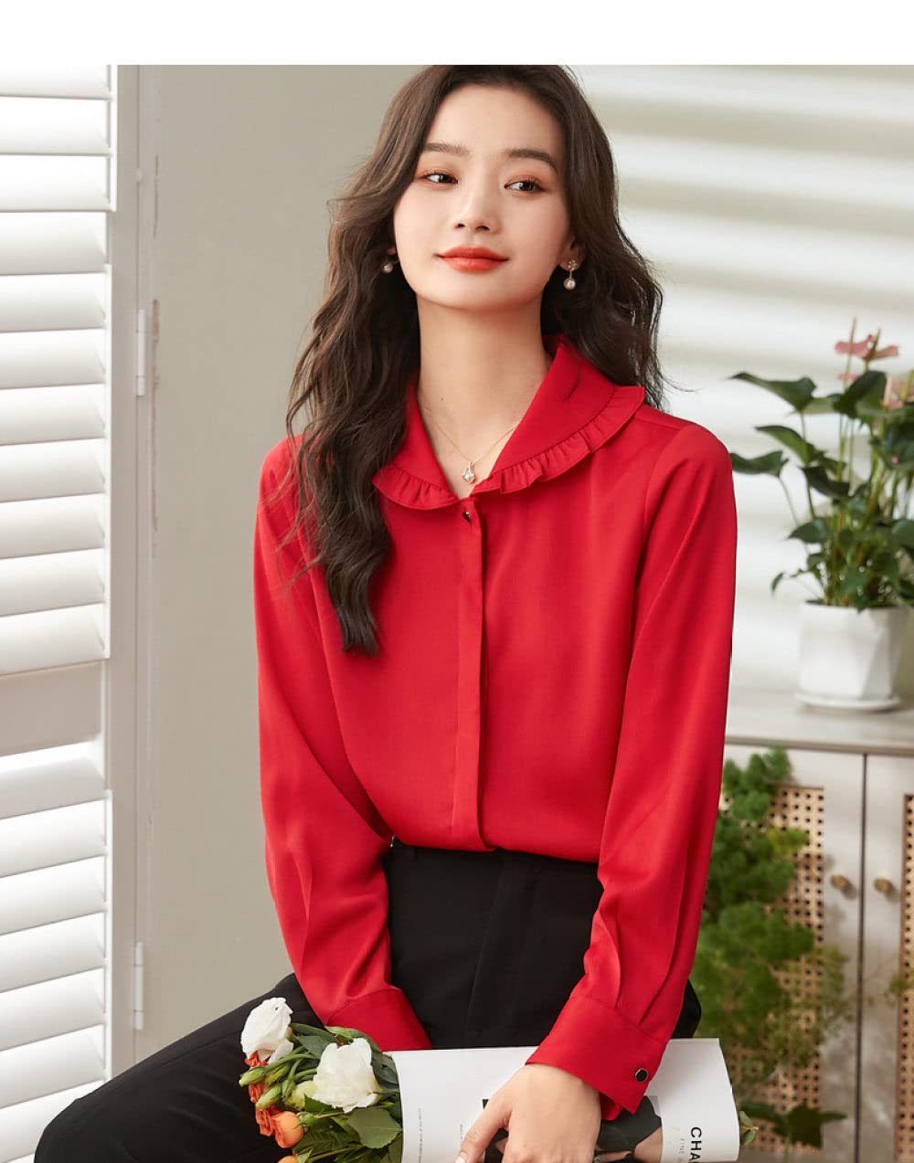 Langarmshirts Für Damen,Damen Puppenkragen Rüschen Shirt Rot Einfarbig Elegante Alltags Freizeit Bluse Langarm Button Down Blusen Lässige Tunika Tops