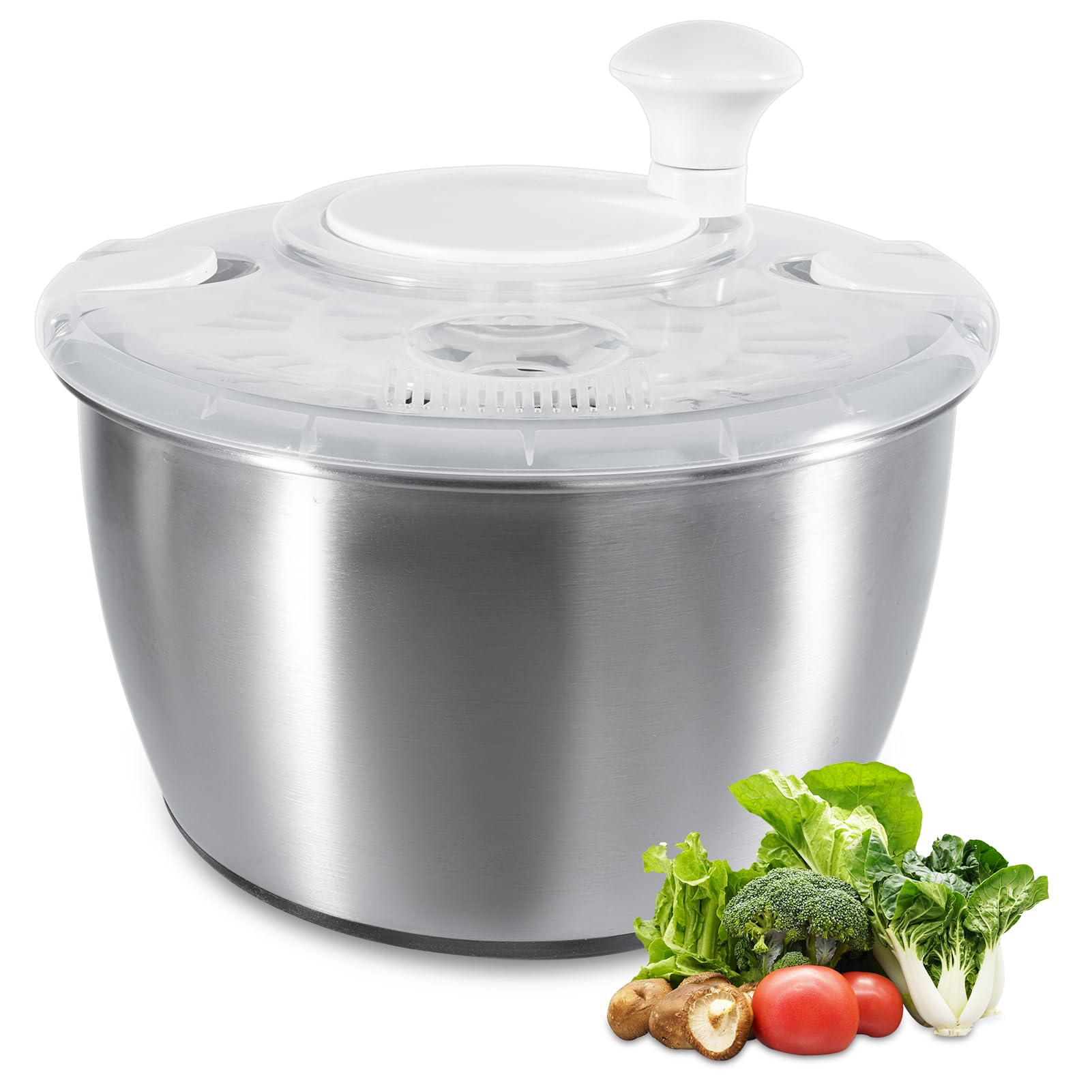 Trintion Salatschleuder Edelstahl Salad Spinner Mit Deckel Quick-Salatschleuder Groß Salate Ganz Einfach Schleudern Weiß 4,5 Liter
