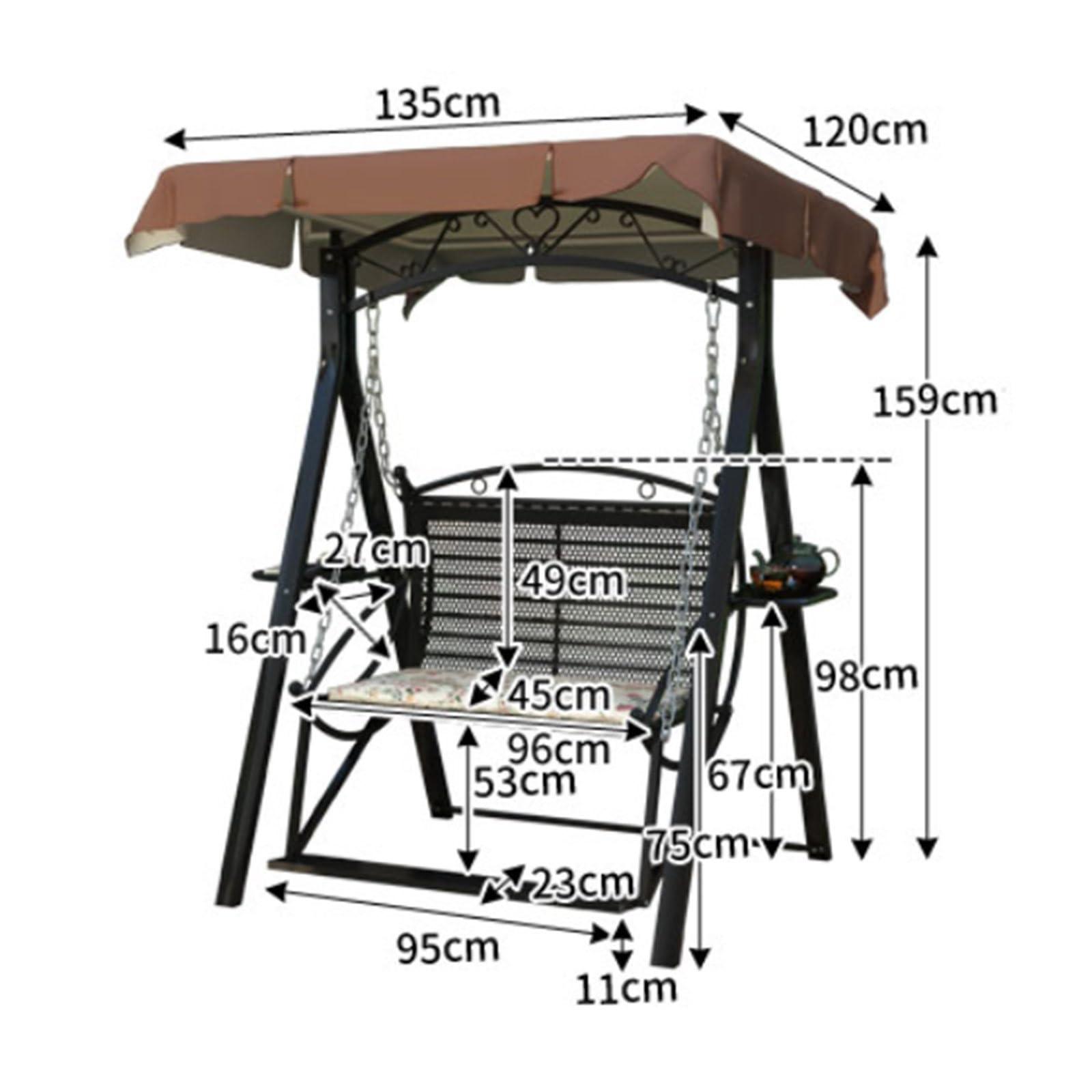 Altalena per portico da esterno con tettoia, struttura in metallo, impermeabile, include cuscino per sedile, vassoi portabicchieri e piedini resistenti all'usura per giardino e cortile