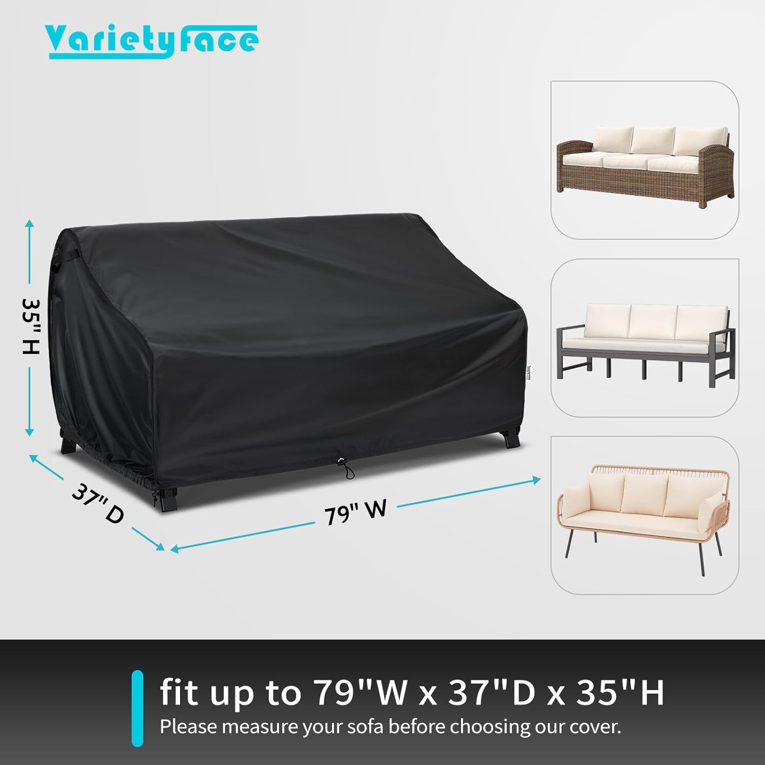 Patio Sofa Cover 79W x 37D x 35H, Outdoor Couch/Loveseat/3-Seater Furniture Cover, Adjustable Hem Cord, Buckle Straps, Air Vents & Handles, Black
