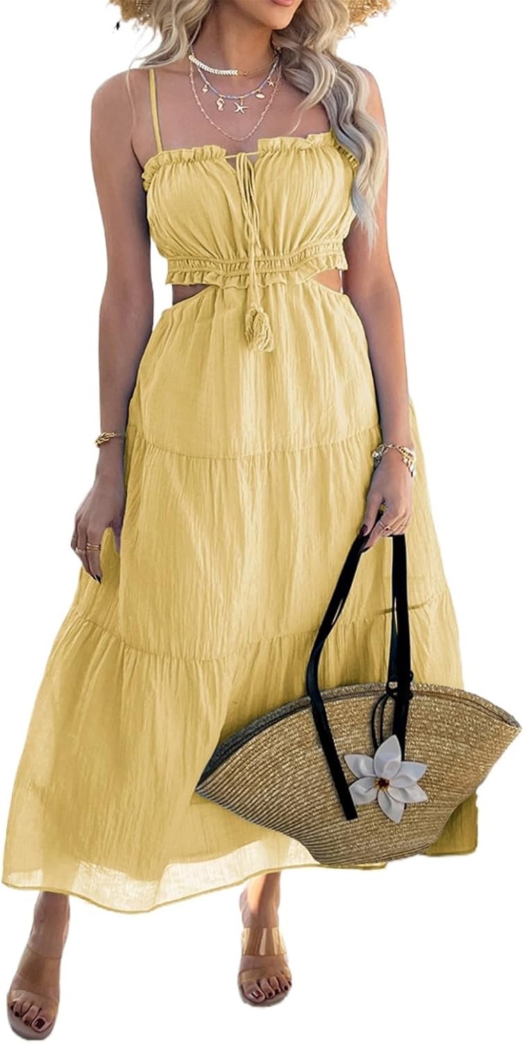 Sumleno Women's 2026 Summer Bohemian Maxi Dresses Spaghetti Strap Cutout Tie Back Tiered Flowy Dress Vacation Beach Outfits