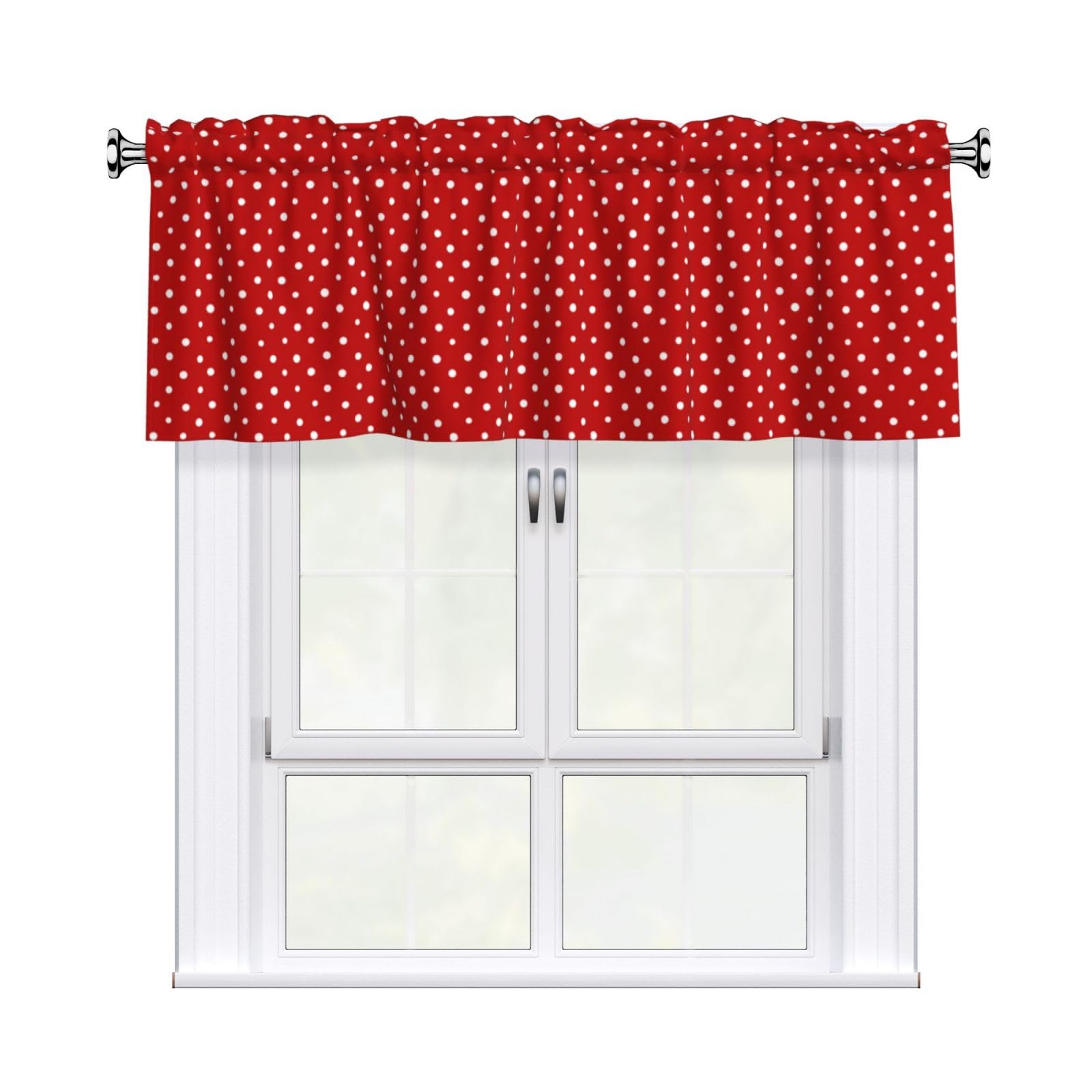 Woshuwo White Polka Dots On Red Valances For Windows Rod Pocket Window Treatment Short Curtains For Kitchen Living Room Bedroom Decor 54x18in