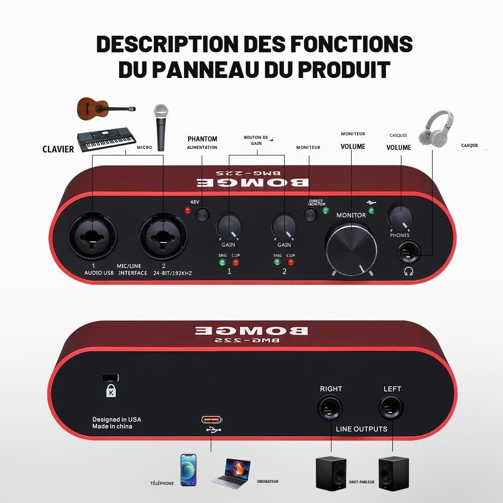 BOMGE Interface audio USB 22S Red avec alimentation fantôme XLR/48 V, haute fidélité, 32 bits/192 kHz, pour mixeur audio de studio, pour guitariste, vocalist, podcaster, producteur, Plug and Play