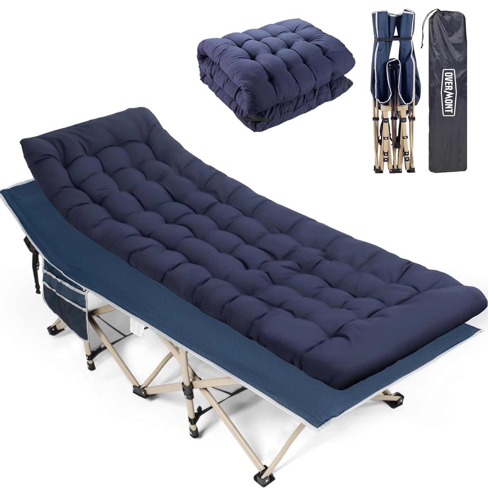 OVERMONT Lettino da Campeggio Pieghevoli - Portatile Brandina da Campeggio Singolo con Materasso in Cotone - impieghi gravosi con Tasca Laterale - per Viaggi Escursionismo Spiaggia Giardino