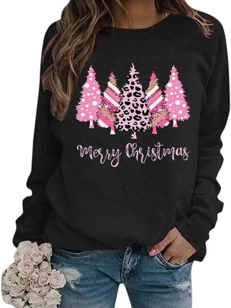 FCHICH Merry Christmas Sweatshirt Women Pink Leopard Christmas Trees T Shirt Casual Graphic Xmas Holiday Pullover Tops