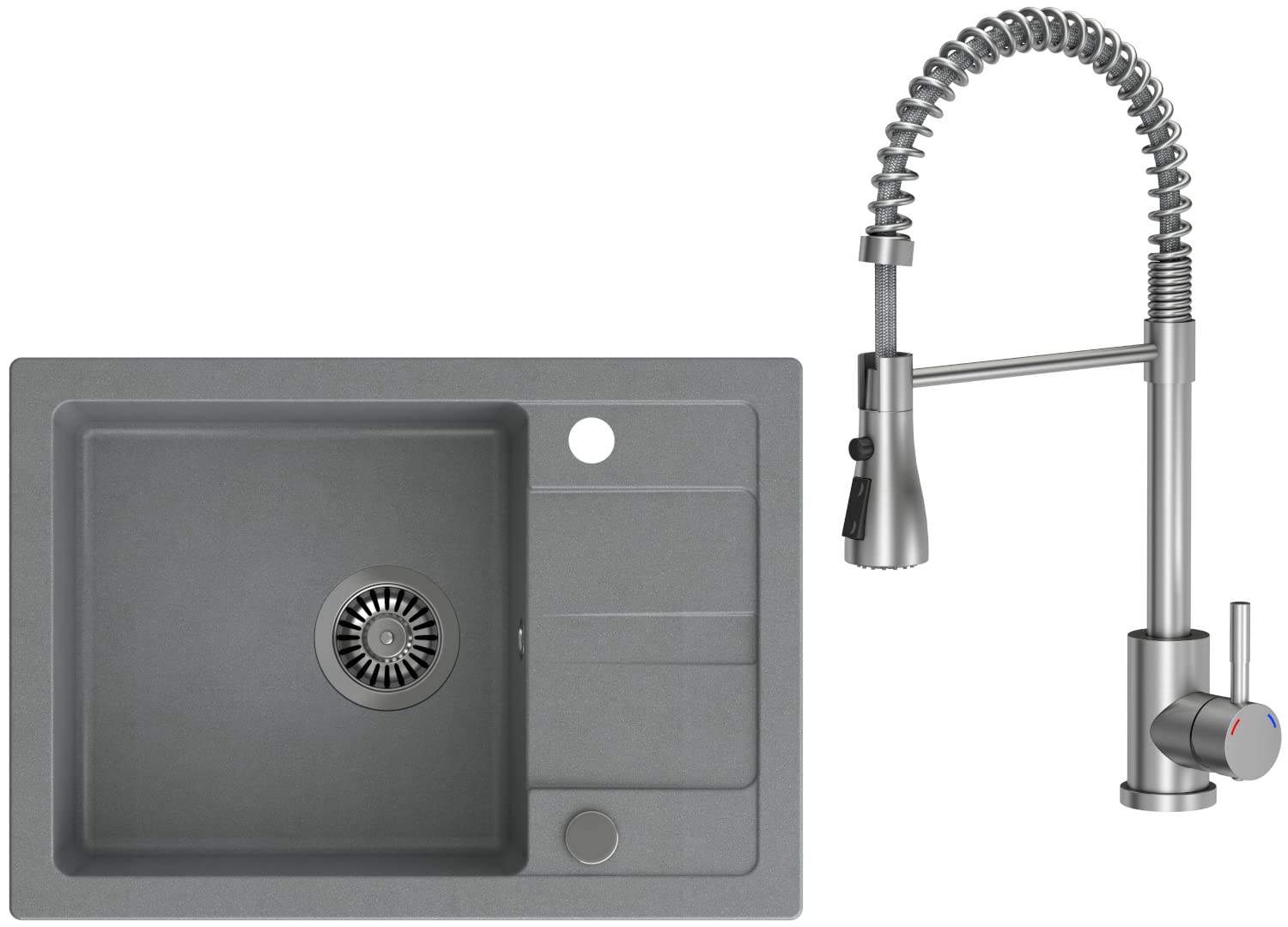 VBChome Fregadero con grifo gris 62 x 44 cm, granito, fregadero empotrado, superficie de goteo, reversible, fregadero de acero inoxidable compuesto + sifón.